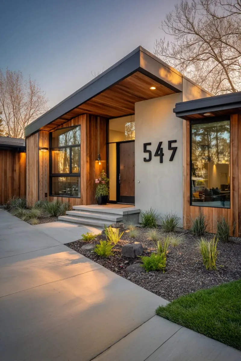 19 Ranch Style Home Exteriors to Inspire Your Next Makeover 63 bold geometric house numbers on a sleek ranch facade 1
