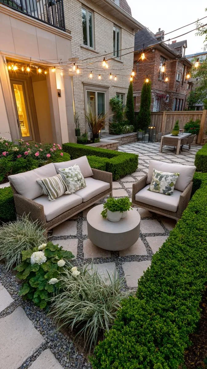 15 Smaller Backyard Landscaping Ideas That Maximize Space & Style 46 boxwood-lined patio with geometric layout 1