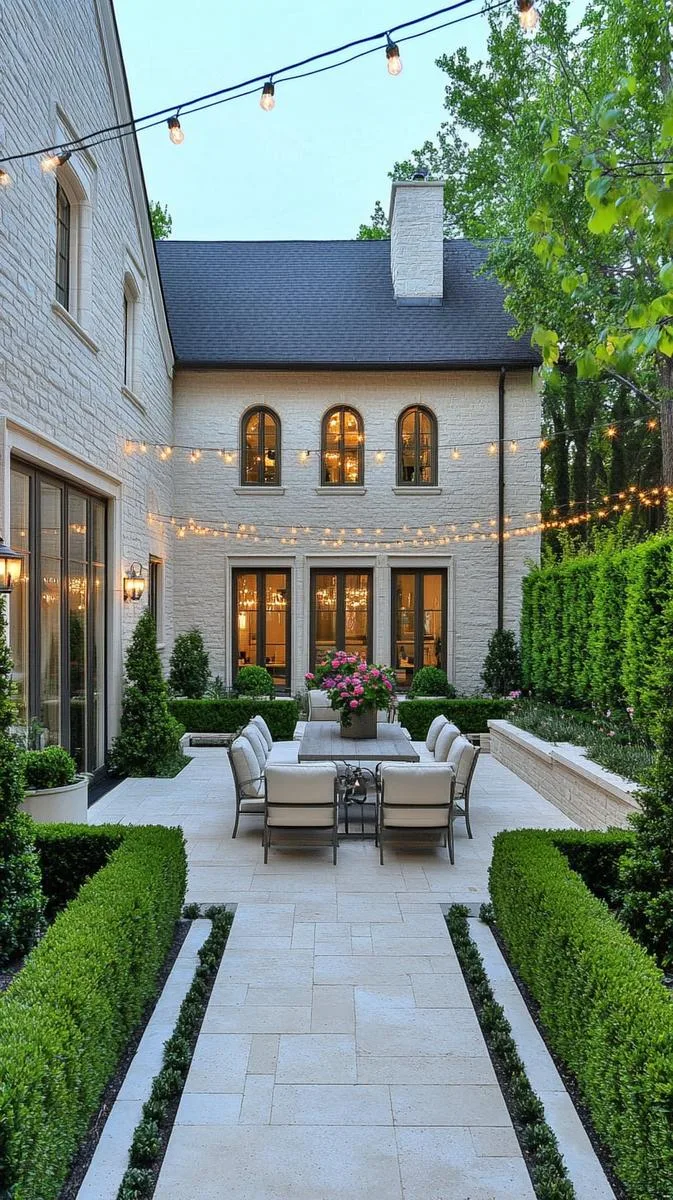 15 Smaller Backyard Landscaping Ideas That Maximize Space & Style 48 boxwood-lined patio with geometric layout 1