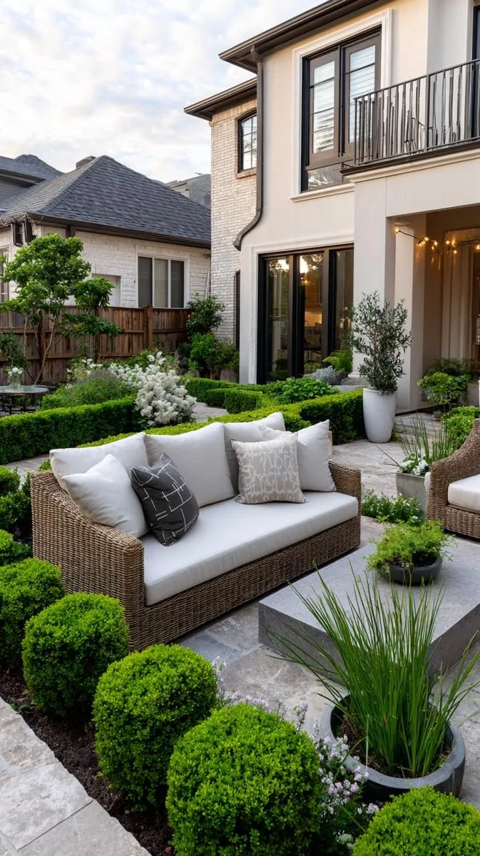 15 Smaller Backyard Landscaping Ideas That Maximize Space & Style 49 boxwood-lined patio with geometric layout 1