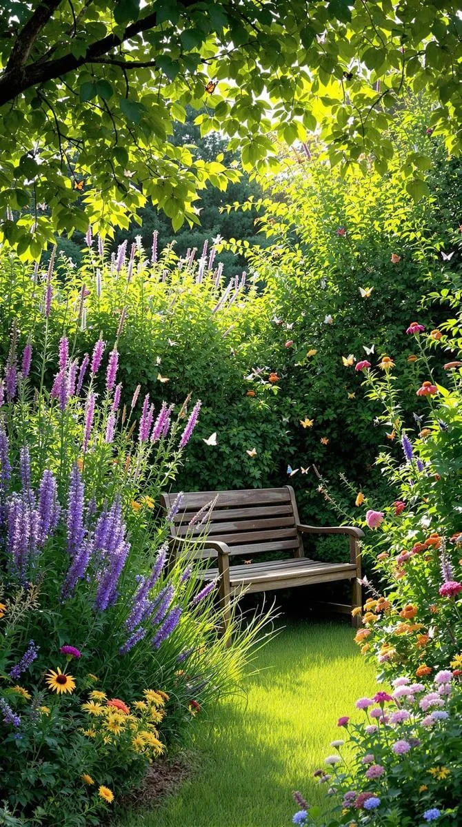 butterfly-friendly wild shrub border with hidden garden bench 1