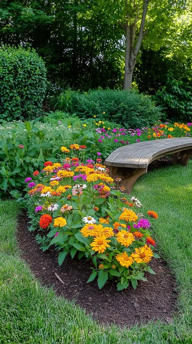 butterfly-friendly wild shrub border with hidden garden bench 1