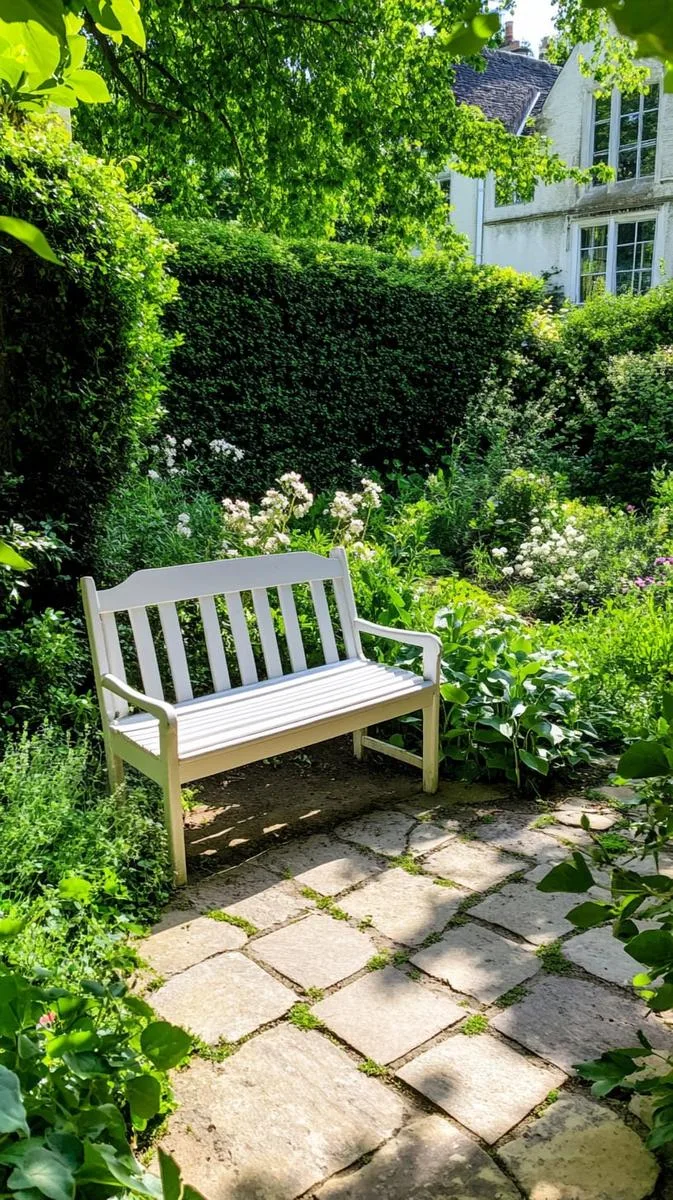 butterfly-friendly wild shrub border with hidden garden bench 1