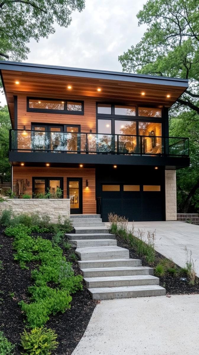 cantilevered upper level with panoramic balcony and glass railings 1