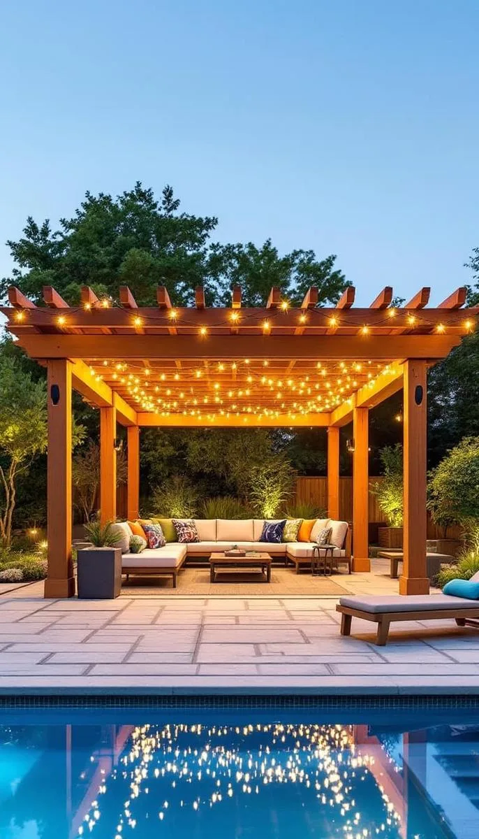 cedar pergola with built-in speakers and fairy lights for evening pool parties 1 cedar pergola with built-in speakers and fairy lights for evening pool parties 1