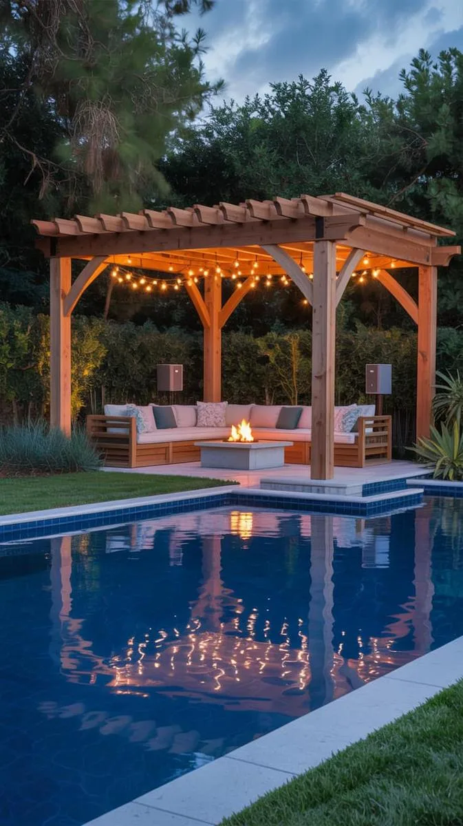 cedar pergola with built-in speakers and fairy lights for evening pool parties 1 cedar pergola with built-in speakers and fairy lights for evening pool parties 1