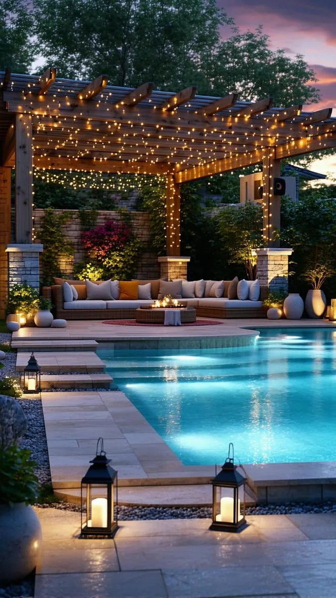 cedar pergola with built-in speakers and fairy lights for evening pool parties 1 cedar pergola with built-in speakers and fairy lights for evening pool parties 1