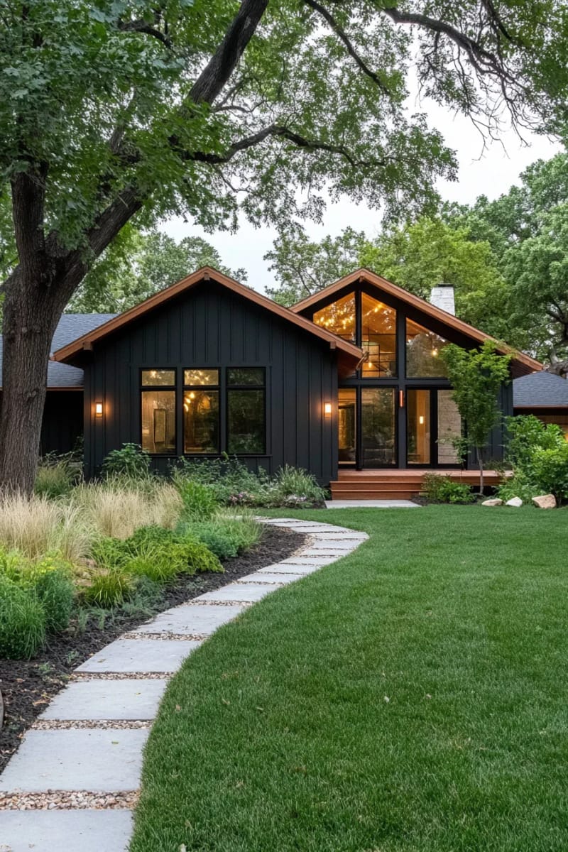 charcoal gray ranch home with copper gutter detailing 1