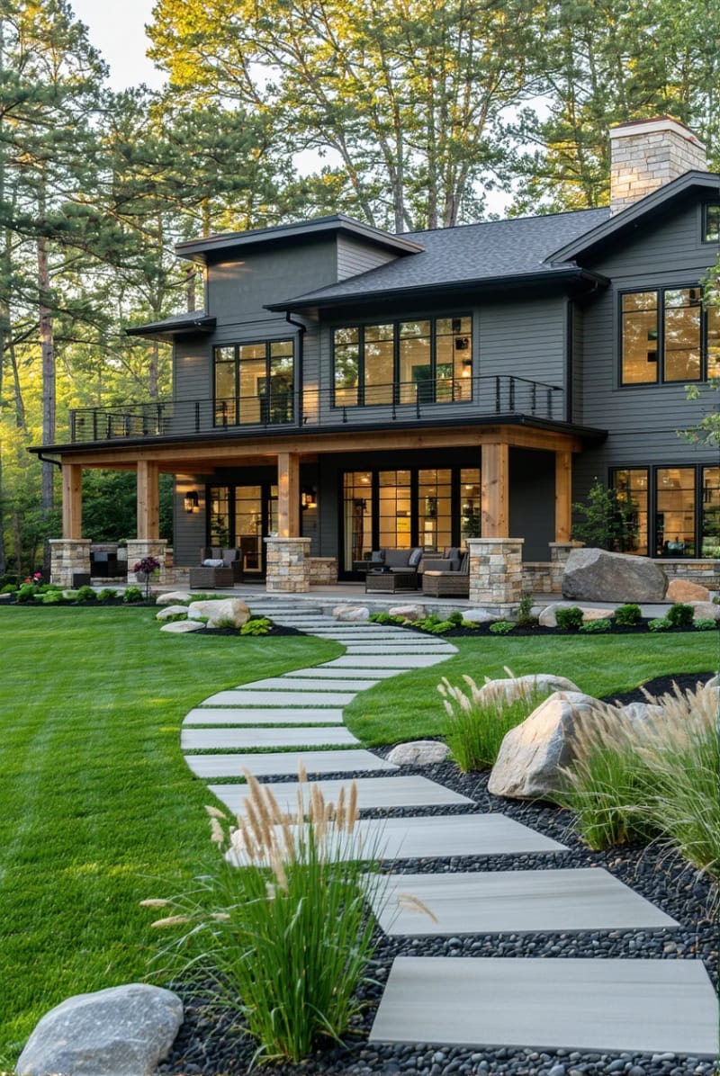 charcoal gray ranch home with copper gutter detailing 1