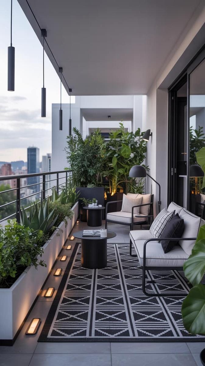 chic monochrome styling with black and white planters and minimalist lighting 36