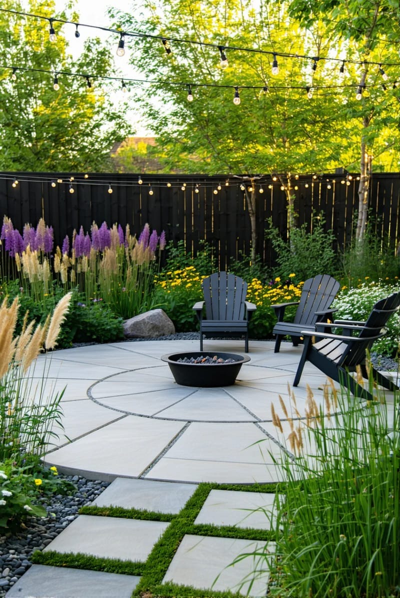15 Unique Concrete Backyard Ideas for Creative Outdoor Style 40 circular concrete patio surrounded by ornamental grasses and wildflowers 1