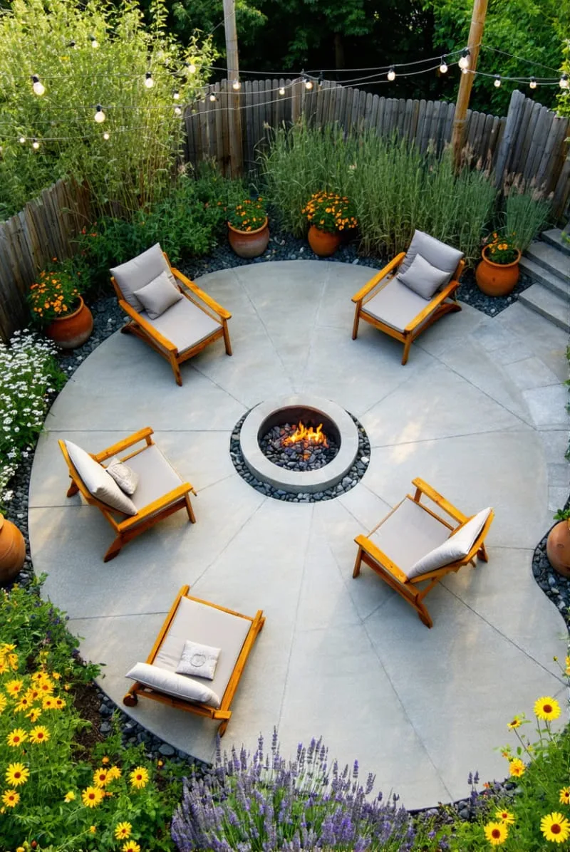 15 Unique Concrete Backyard Ideas for Creative Outdoor Style 40 circular concrete patio surrounded by ornamental grasses and wildflowers 1