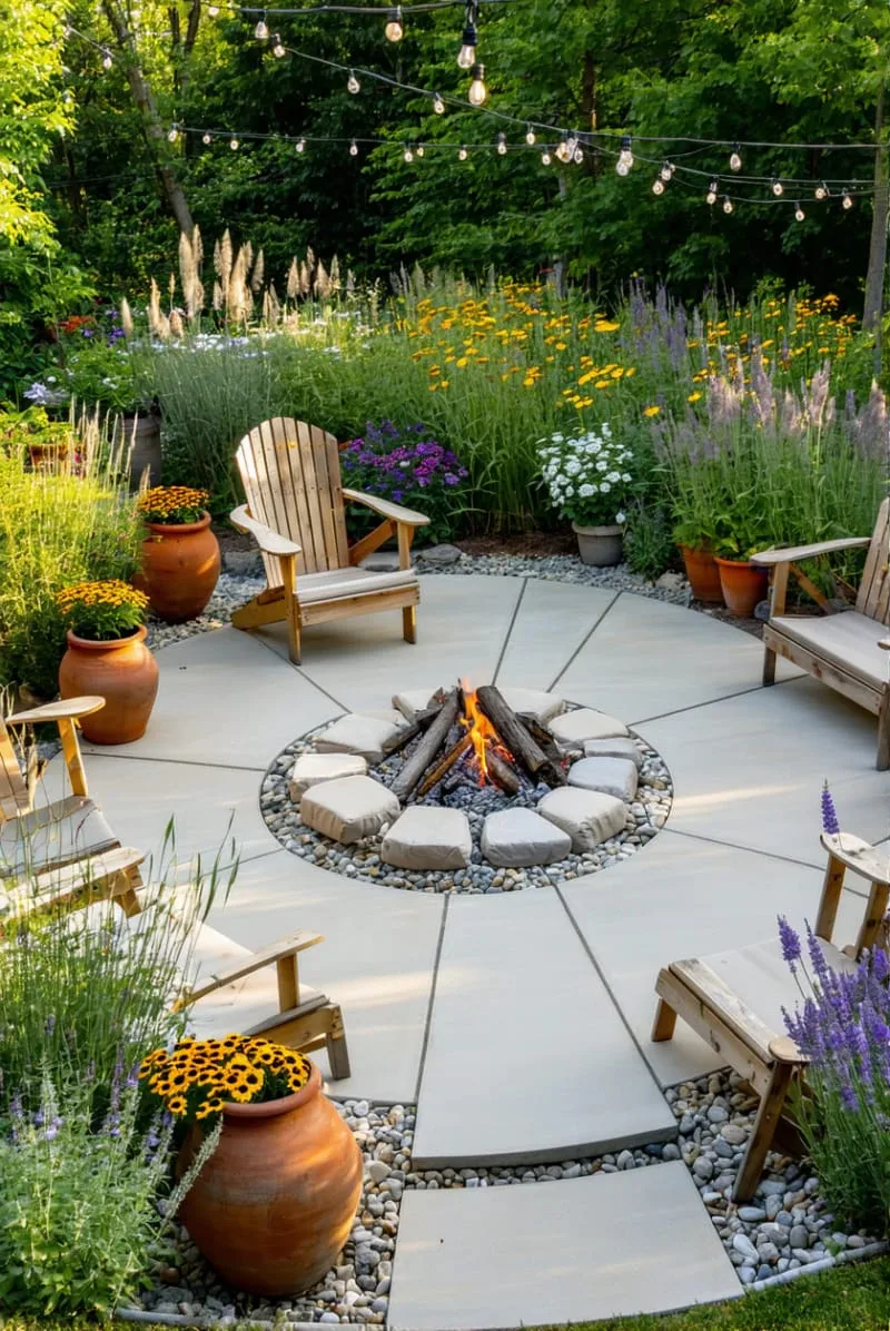 15 Unique Concrete Backyard Ideas for Creative Outdoor Style 41 circular concrete patio surrounded by ornamental grasses and wildflowers 1