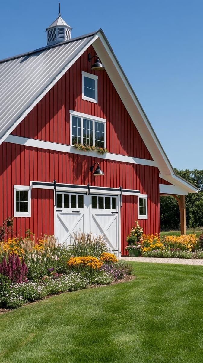 classic red barn-inspired exterior with modern matte black window frames 1