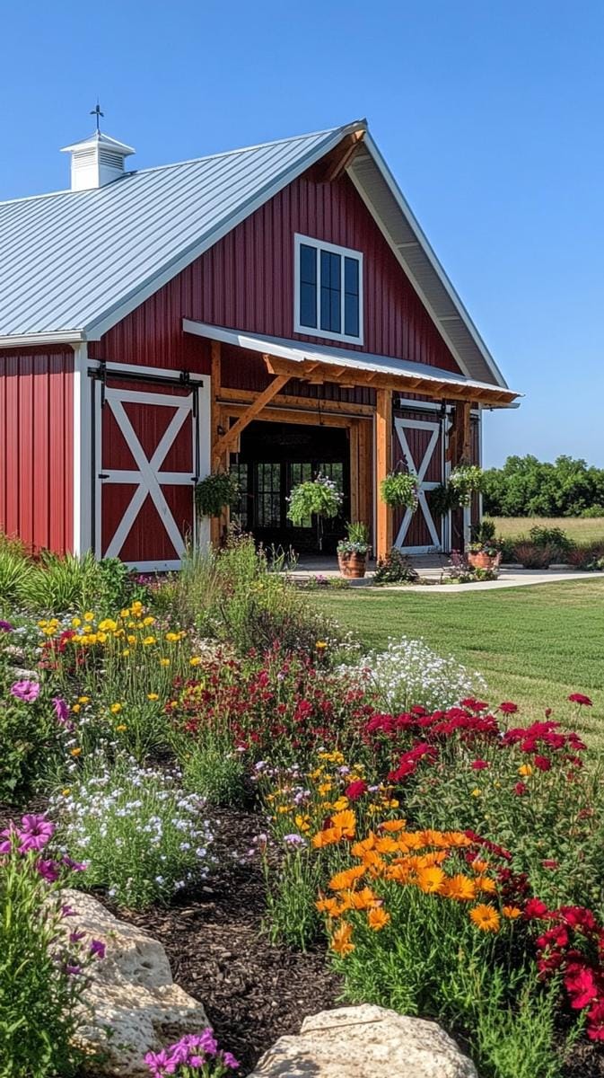 classic red barn-inspired exterior with modern matte black window frames 1