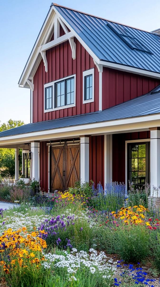 classic red barn-inspired exterior with modern matte black window frames 1