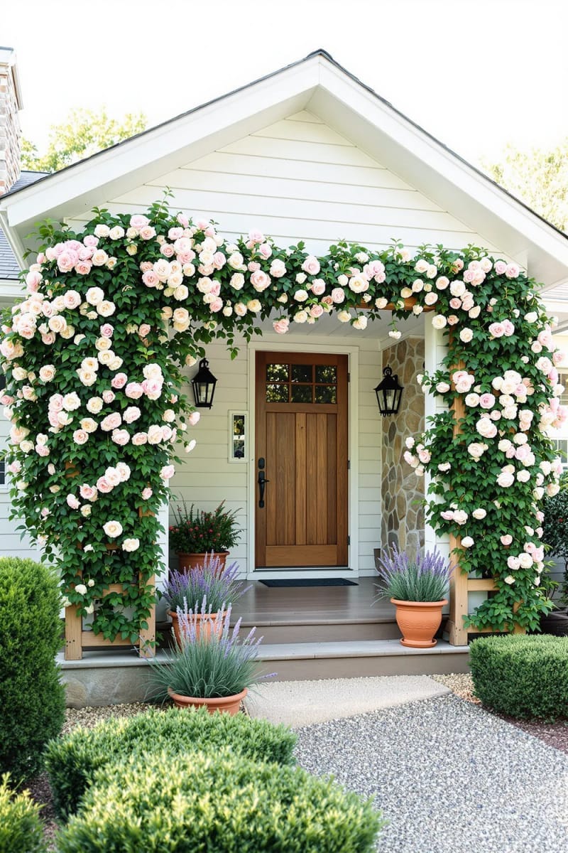 climbing roses on timber trellises framing a classic ranch entry 1