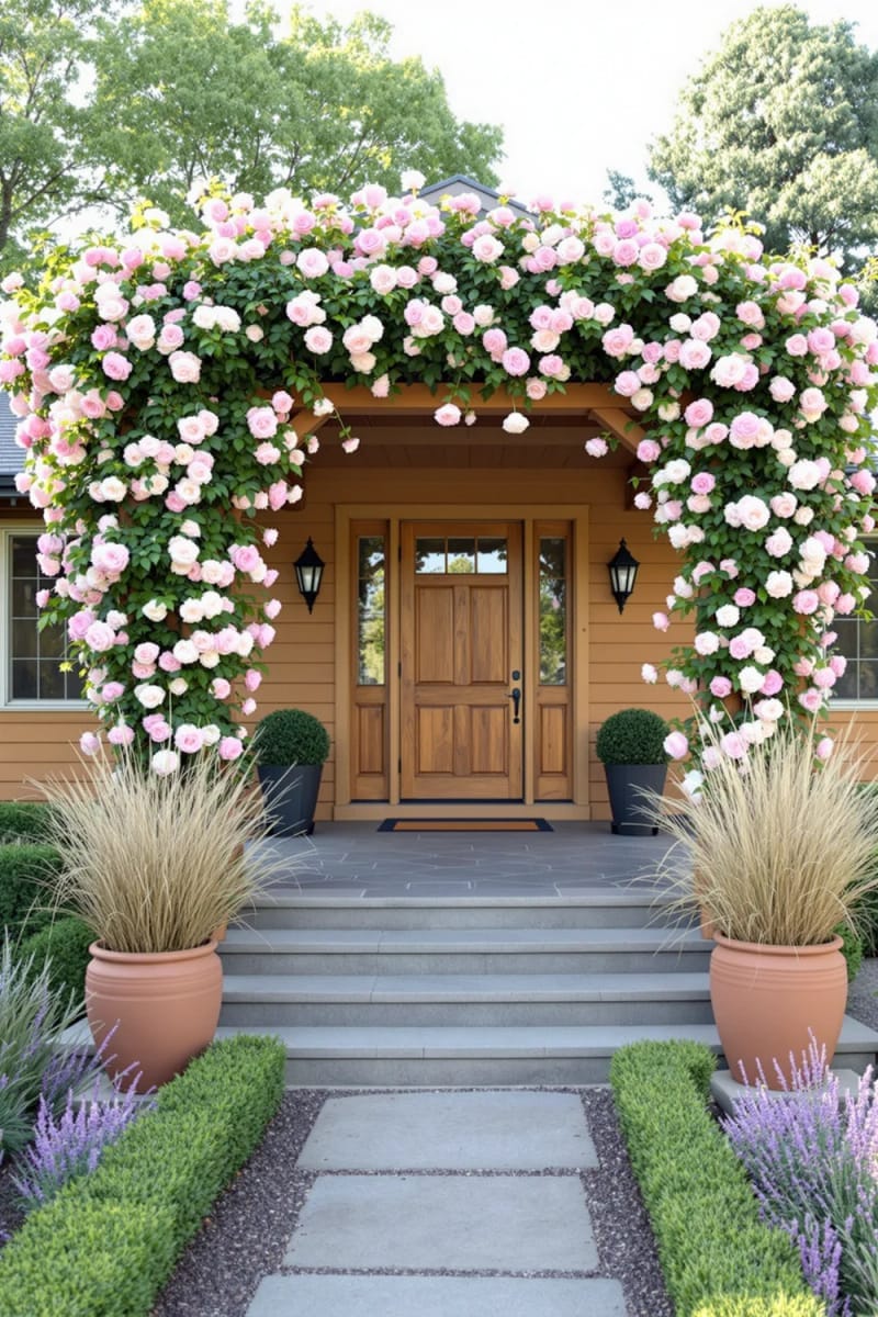 climbing roses on timber trellises framing a classic ranch entry 1