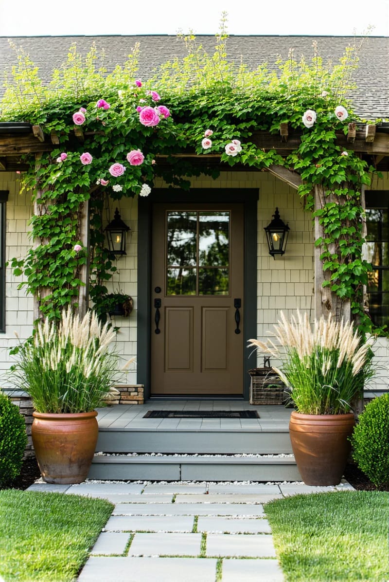 climbing roses on timber trellises framing a classic ranch entry 1