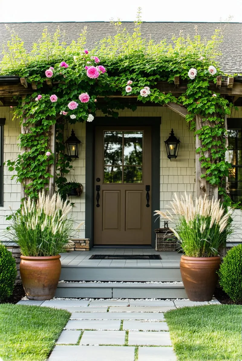 19 Ranch Style Home Exteriors to Inspire Your Next Makeover 84 climbing roses on timber trellises framing a classic ranch entry 1