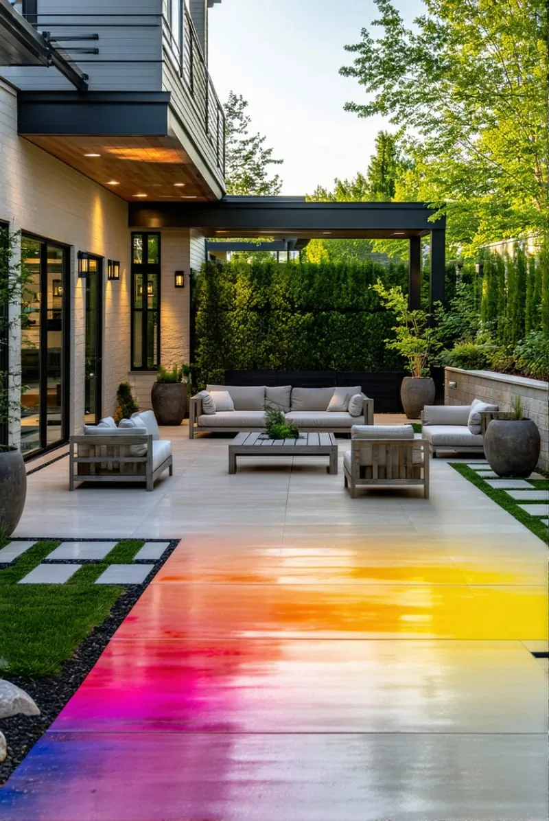 15 Unique Concrete Backyard Ideas for Creative Outdoor Style 35 color-dyed concrete patio in ombré tones for a bold artistic statement 1