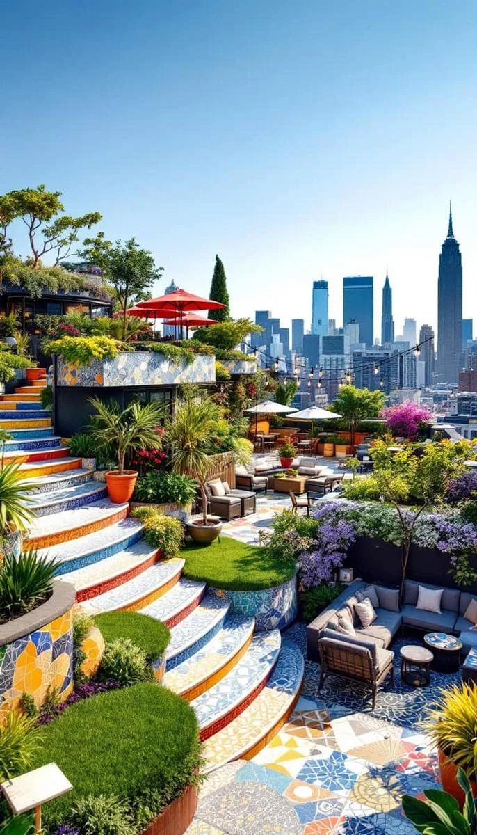 colorful mosaic stairs connecting multi-level rooftop gardens 1