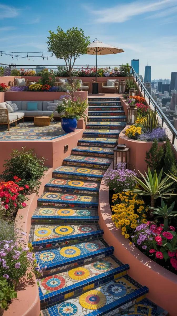 colorful mosaic stairs connecting multi-level rooftop gardens 1