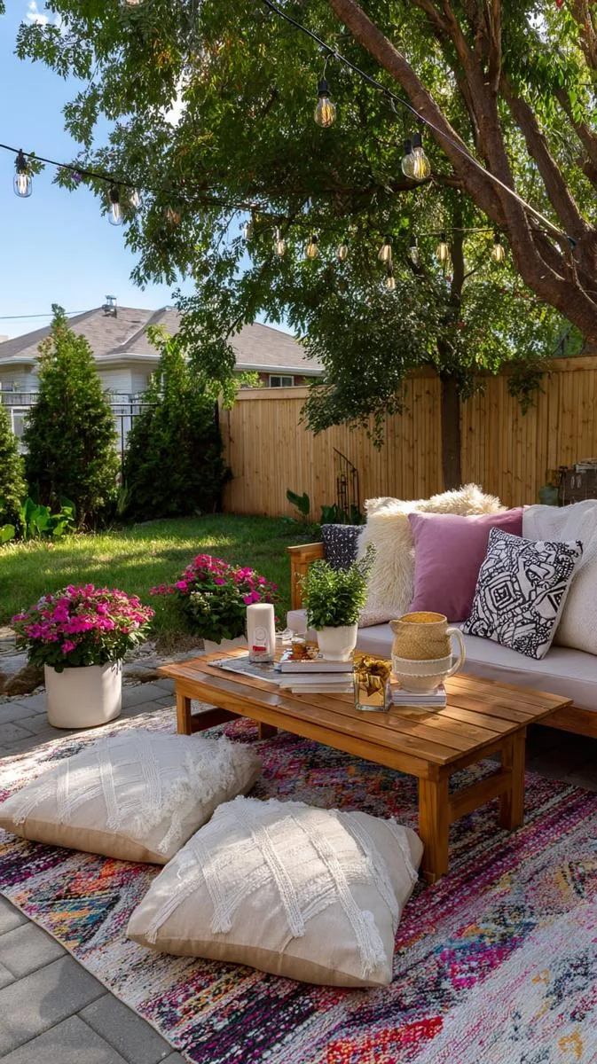 colorful outdoor rug defining a cozy reading corner 1
