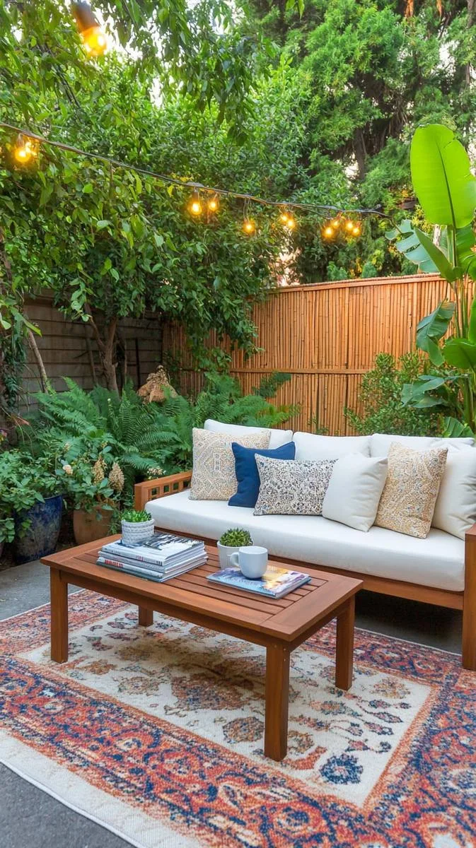 colorful outdoor rug defining a cozy reading corner 1