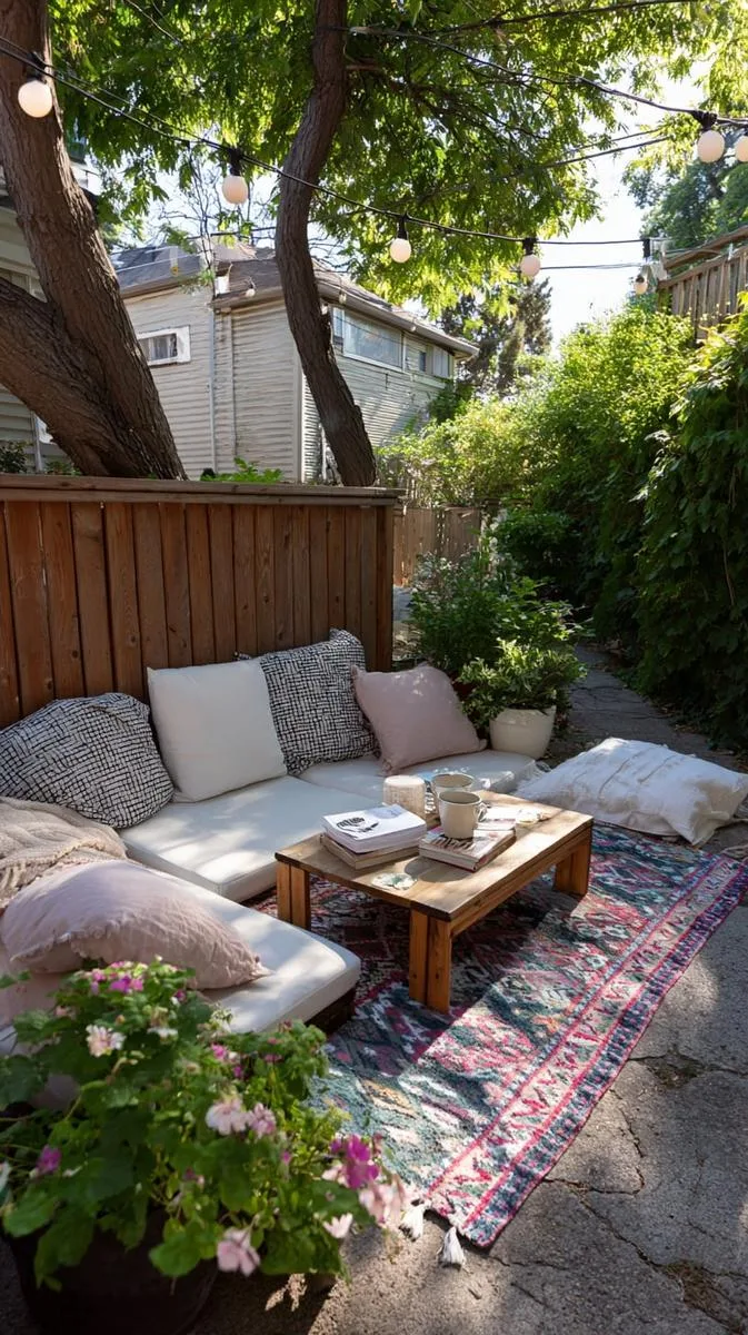 colorful outdoor rug defining a cozy reading corner 1