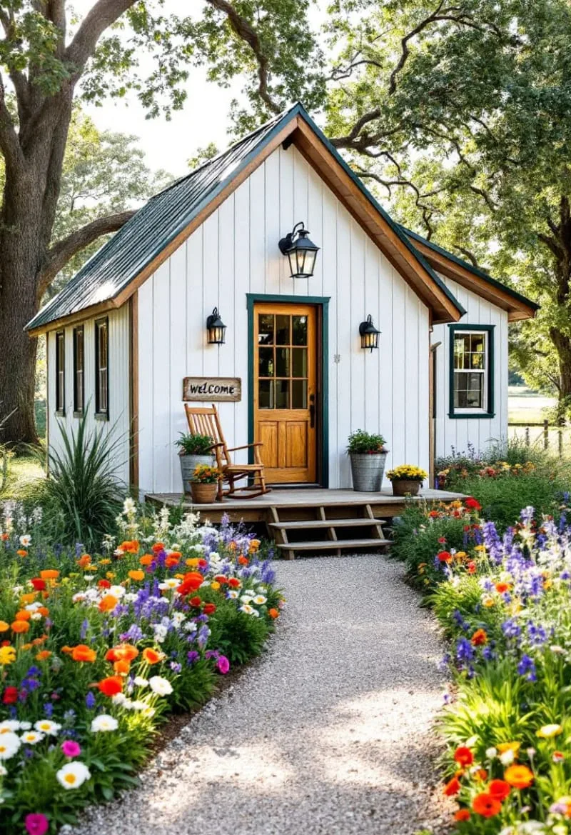 colorful wildflower garden lining a gravel pathway to the entrance 1