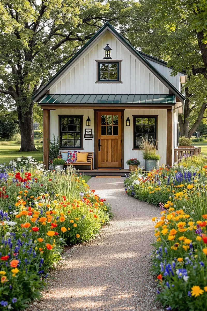 colorful wildflower garden lining a gravel pathway to the entrance 1