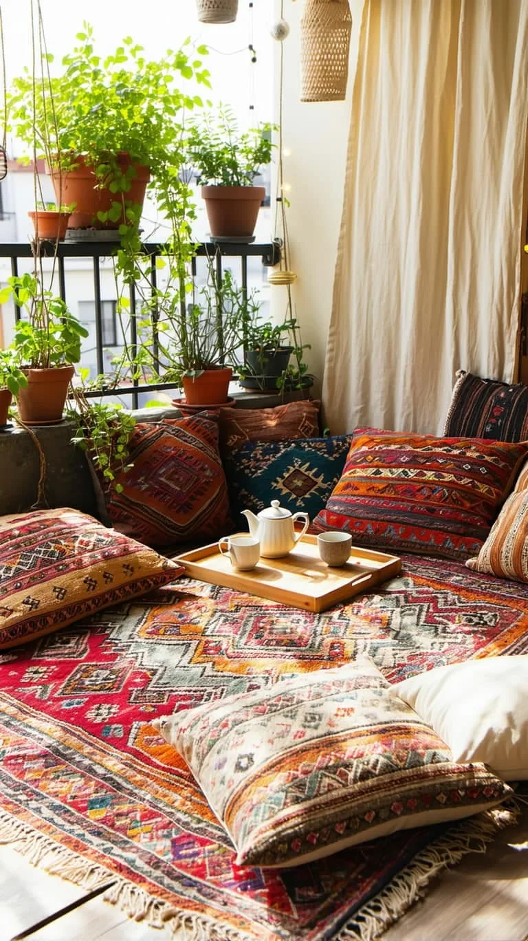 compact outdoor rug and layered floor cushions for a boho escape 1