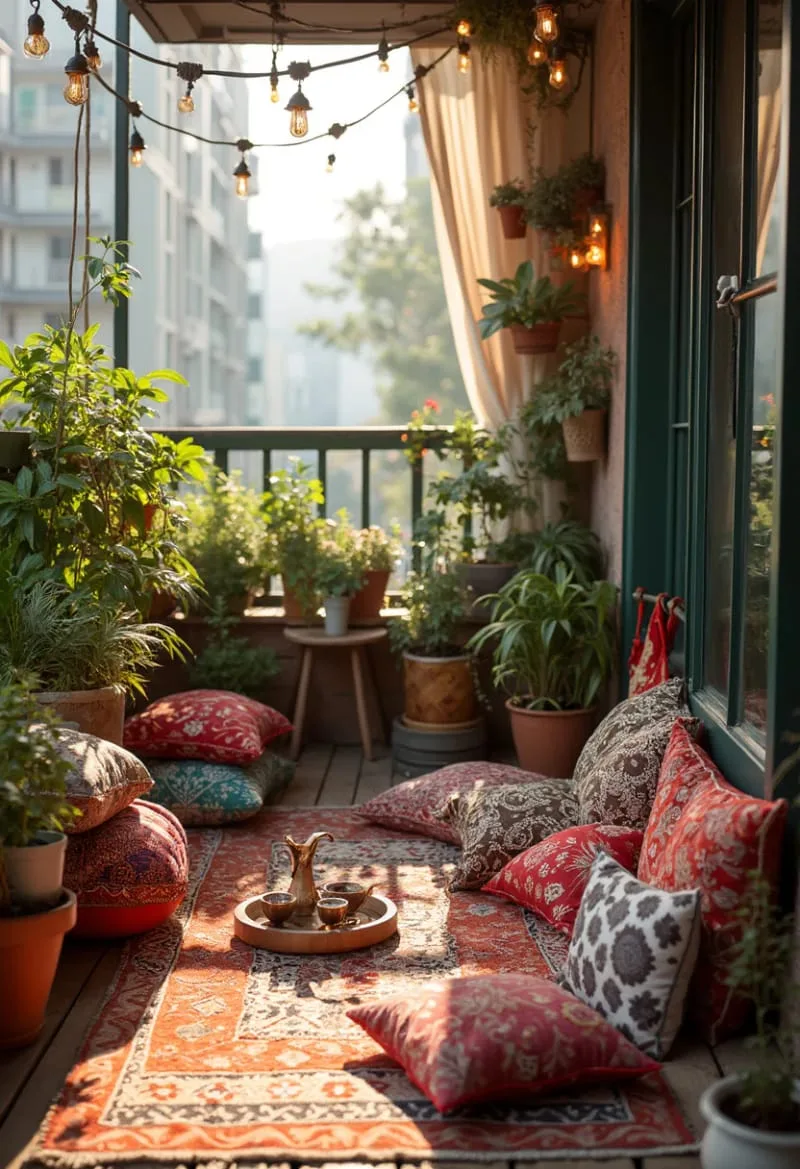 compact outdoor rug and layered floor cushions for a boho escape 1