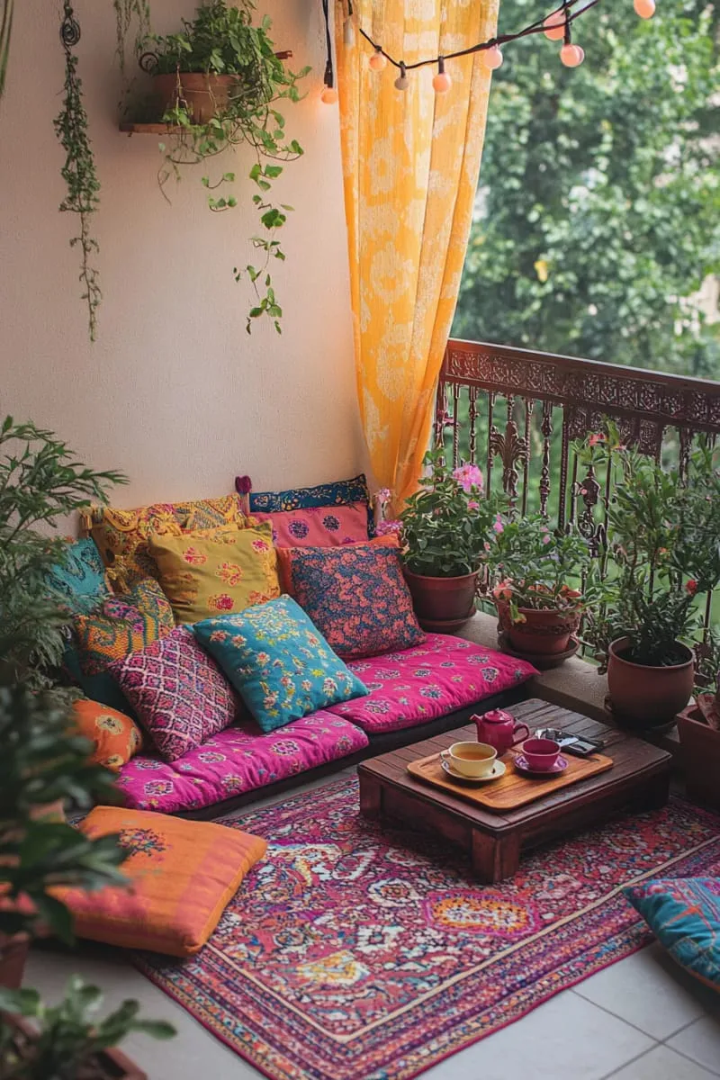 compact outdoor rug and layered floor cushions for a boho escape 1
