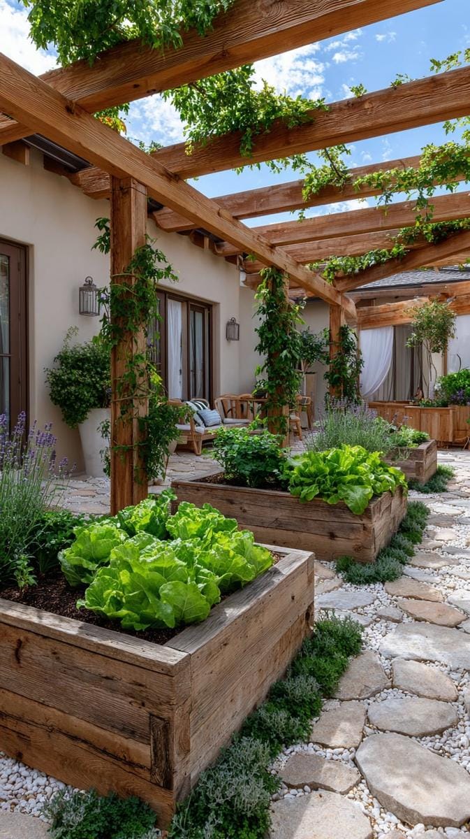 compact raised vegetable beds bordered by aromatic lavender and thyme 1