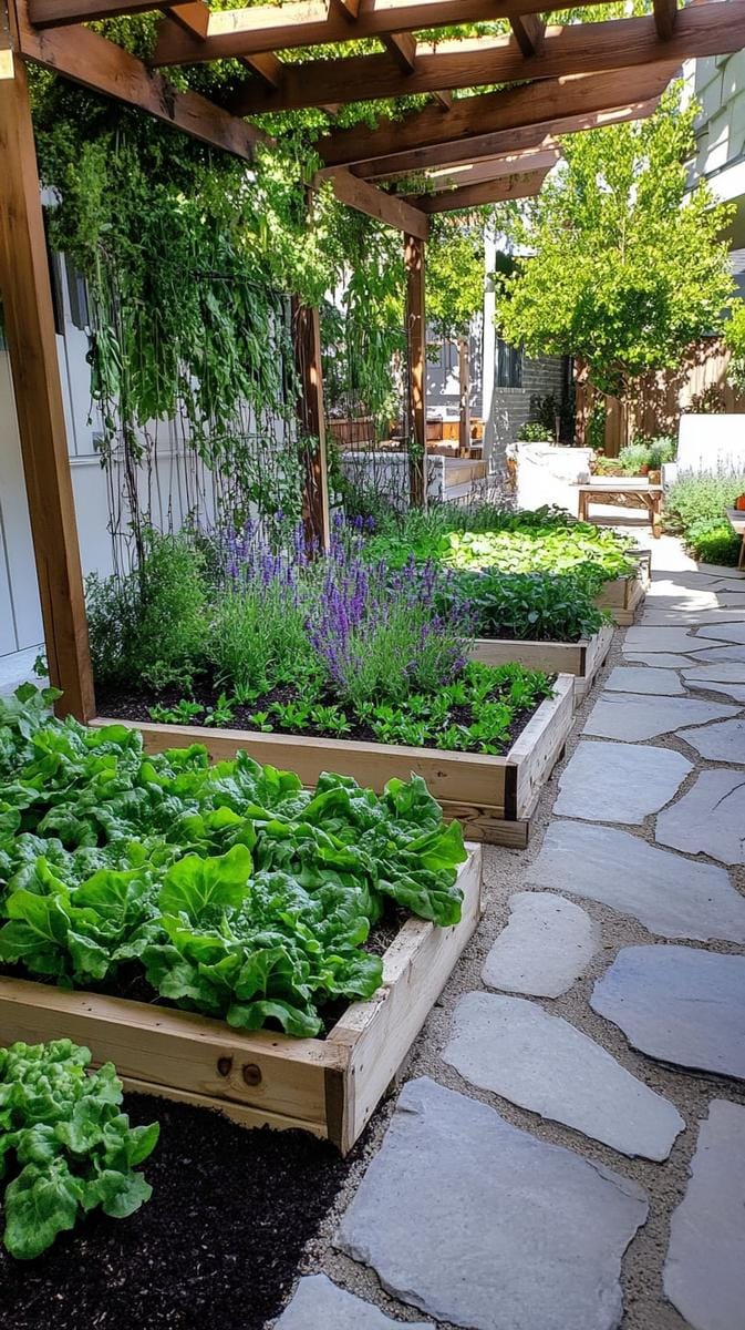compact raised vegetable beds bordered by aromatic lavender and thyme 1