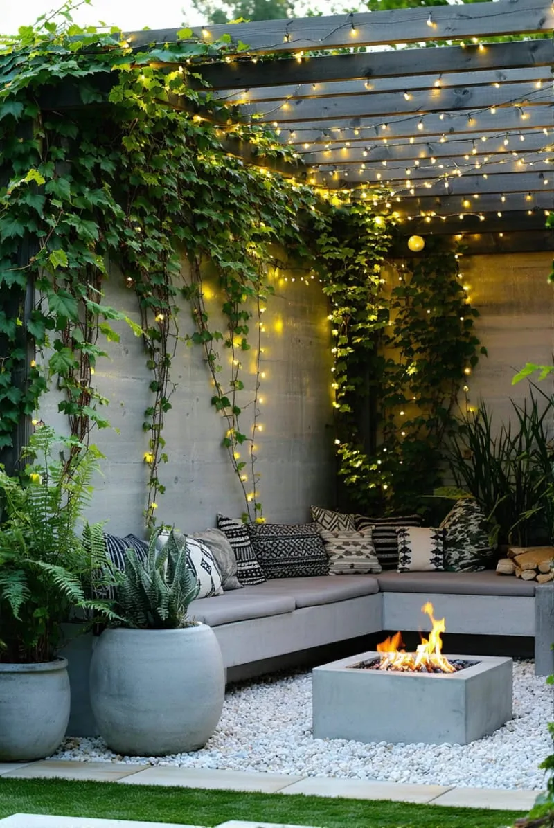 15 Unique Concrete Backyard Ideas for Creative Outdoor Style 36 concrete bench tucked under a pergola draped with fairy lights 1