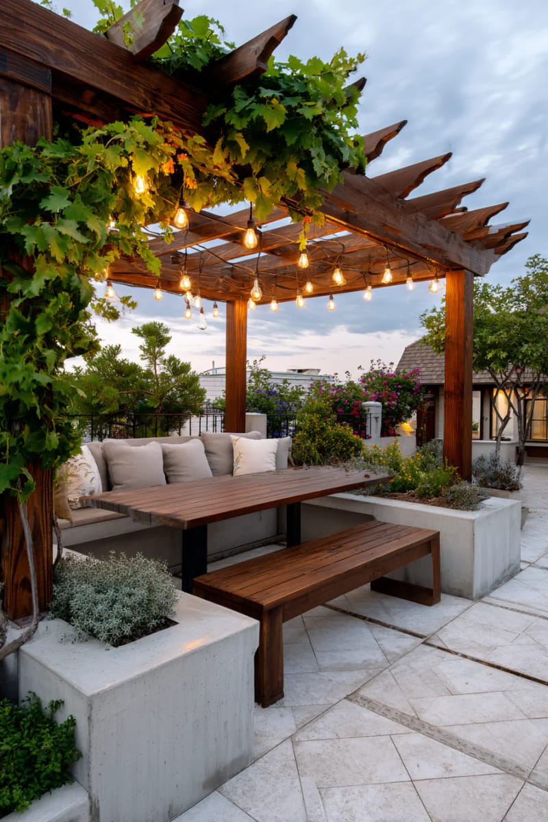 15 Unique Concrete Backyard Ideas for Creative Outdoor Style 38 concrete bench tucked under a pergola draped with fairy lights 1