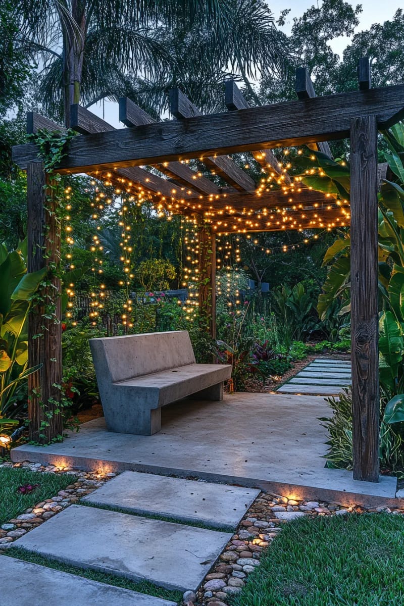 15 Unique Concrete Backyard Ideas for Creative Outdoor Style 39 concrete bench tucked under a pergola draped with fairy lights 1