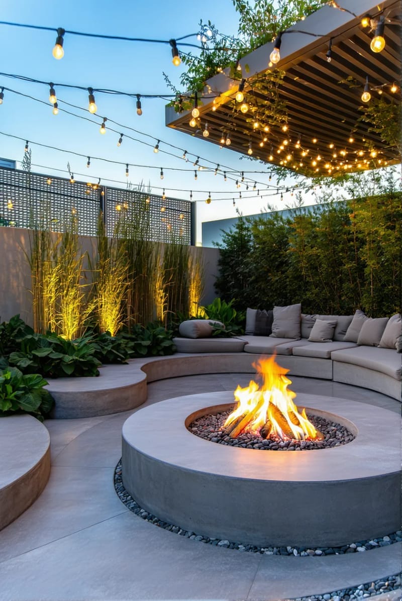 15 Unique Concrete Backyard Ideas for Creative Outdoor Style 12 concrete fire pit with built-in seating and ambient string lighting overhead 1