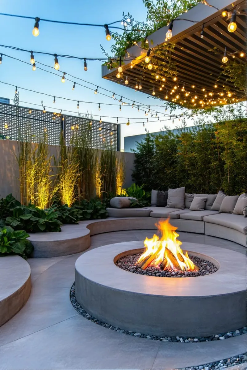 15 Unique Concrete Backyard Ideas for Creative Outdoor Style 11 concrete fire pit with built-in seating and ambient string lighting overhead 1