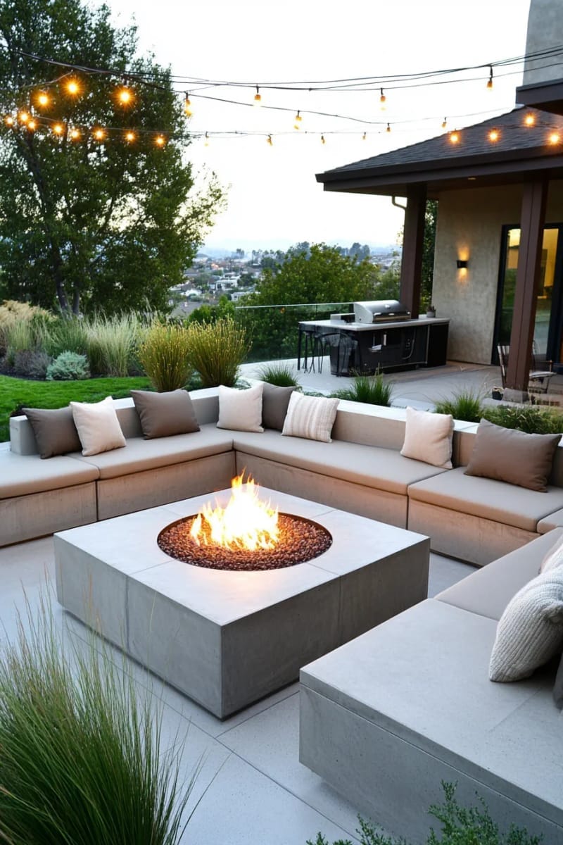 15 Unique Concrete Backyard Ideas for Creative Outdoor Style 13 concrete fire pit with built-in seating and ambient string lighting overhead 1