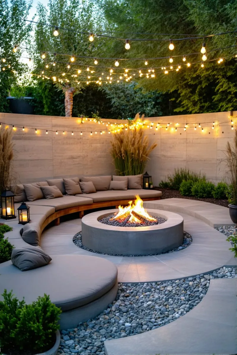 15 Unique Concrete Backyard Ideas for Creative Outdoor Style 13 concrete fire pit with built-in seating and ambient string lighting overhead 1