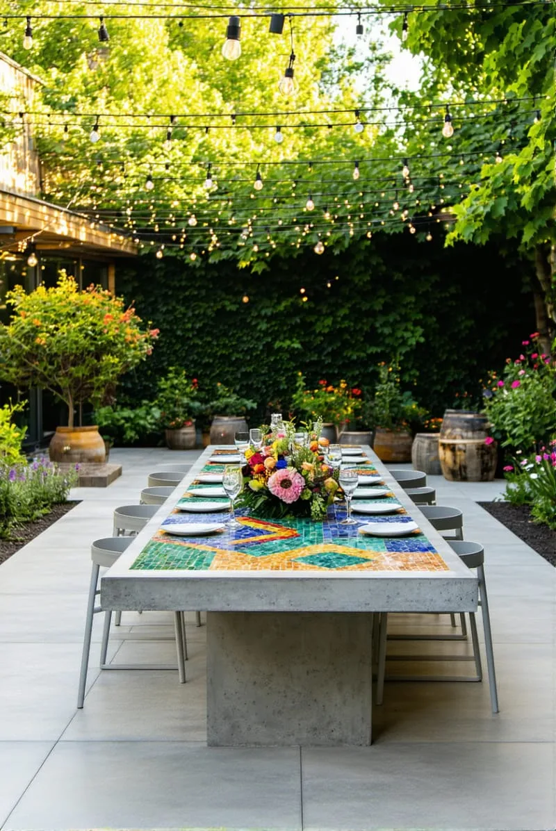 15 Unique Concrete Backyard Ideas for Creative Outdoor Style 17 concrete outdoor dining table with mosaic inlay for vibrant backyard gatherings 1
