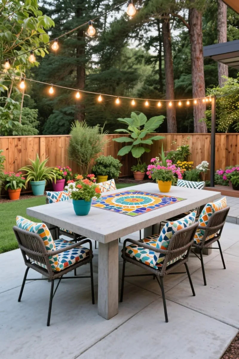 15 Unique Concrete Backyard Ideas for Creative Outdoor Style 18 concrete outdoor dining table with mosaic inlay for vibrant backyard gatherings 1