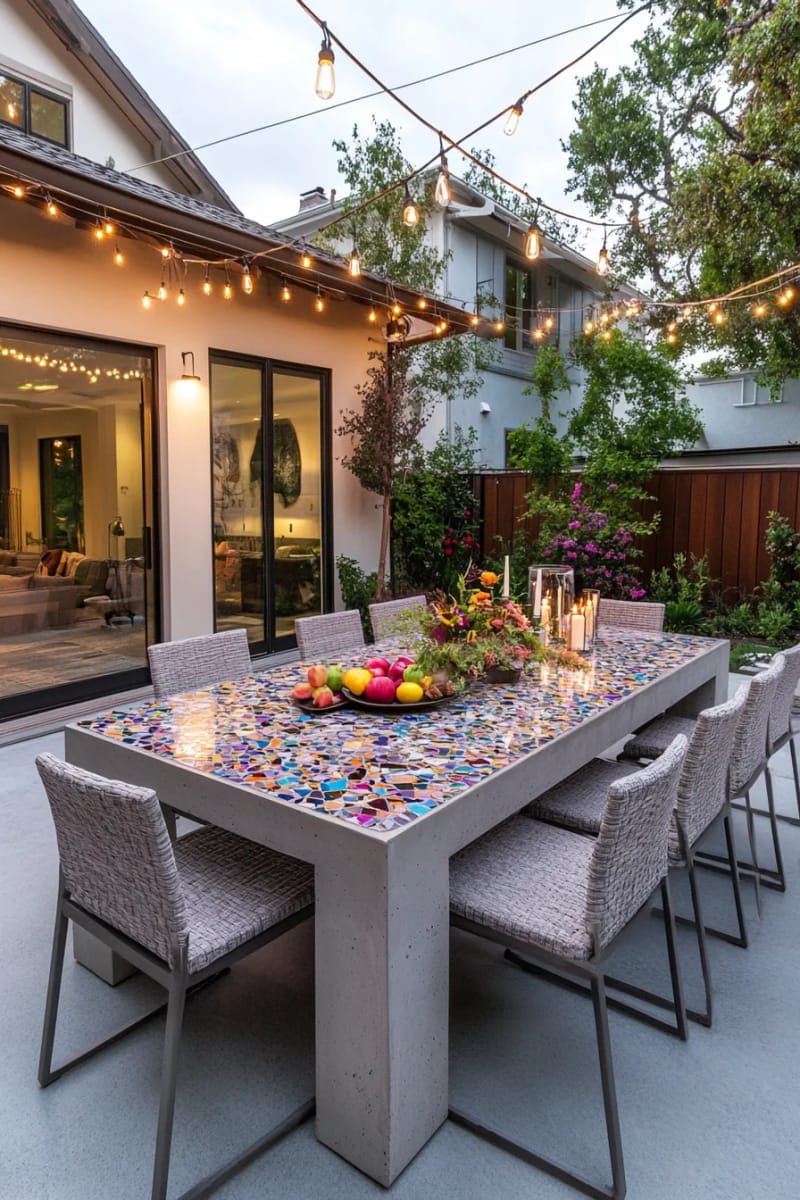 15 Unique Concrete Backyard Ideas for Creative Outdoor Style 20 concrete outdoor dining table with mosaic inlay for vibrant backyard gatherings 1