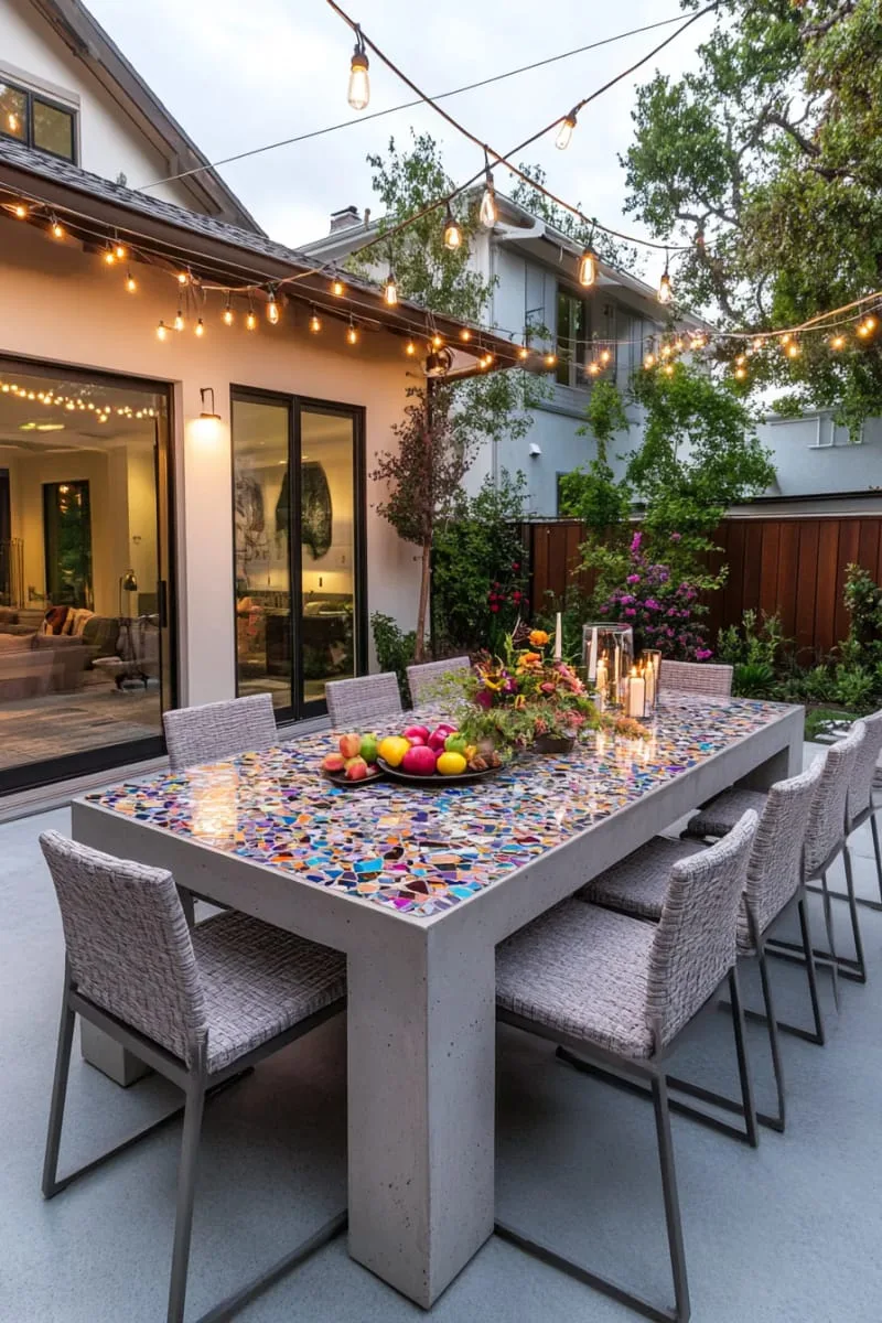 15 Unique Concrete Backyard Ideas for Creative Outdoor Style 19 concrete outdoor dining table with mosaic inlay for vibrant backyard gatherings 1