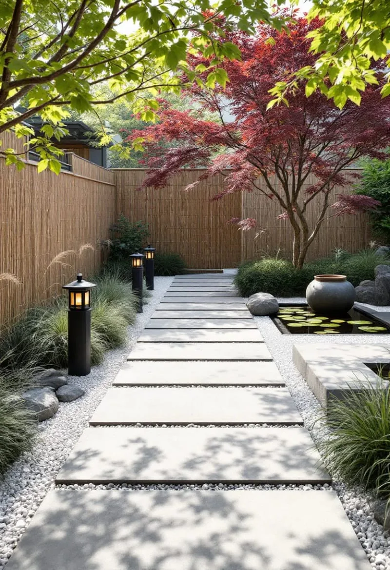 15 Unique Concrete Backyard Ideas for Creative Outdoor Style 30 concrete pavers interspersed with river rocks for a zen-inspired landscape 1