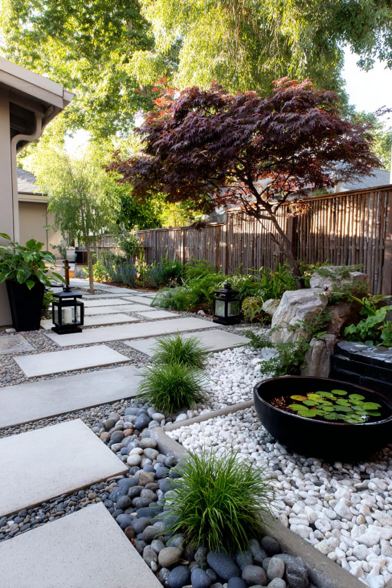15 Unique Concrete Backyard Ideas for Creative Outdoor Style 32 concrete pavers interspersed with river rocks for a zen-inspired landscape 1